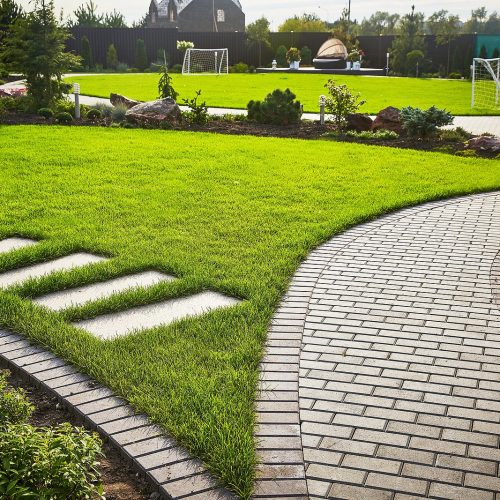 Landscaping of the garden. path curving through Lawn with green grass and walkway tiles.